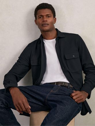 Reiss Navy Textured Twin Pocket Cotton Blend Overshirt, Xxl