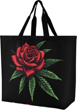 Generic Weeds And Rose Flower Tote Bag Reusable Grocery Shopping Bags Large Travel One Shoulder Handbag for Picnic Work