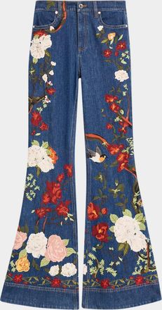 Alice & Olivia Beautiful Embroidered High-Rise Bell Bottom Jeans