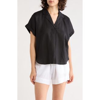 Eileen Fisher Notch Collar Short Sleeve Organic Linen Top in Black at Nordstrom Rack, Size Xx-Small