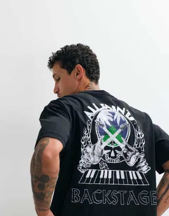 AllSaints Hula - T-shirt a maniche corte nero slavato con stampa del logo sul retro