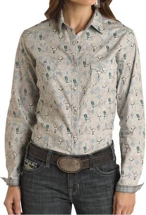 Panhandle Skull And Boot Snap Shirt In Light Grey