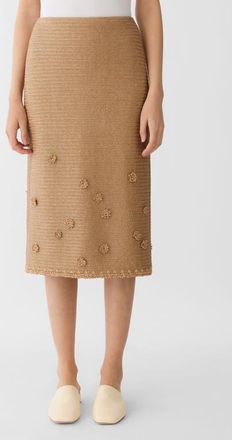 Lafayette 148 New York Floral Appliqu&eacute; Raffia Effect Midi Skirt in Teak at Nordstrom, Size 2