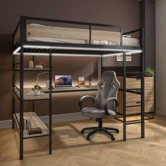 X Rocker Denver High Sleeper Bunk Bed With App Controlled Lights & XL Desk in Light Oak | Size: Double