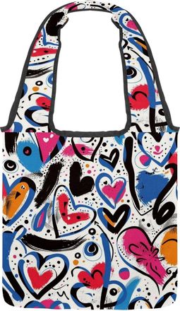 Generic Colorful Heart Doodle Reversible Canvas Shoulder Tote - Double-Sided Print, 12oz Cotton, 27cm Drop, Fold-Flat Bag for Travel, Shopping, Street Outings
