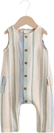 Next Linen Blend Woven Stripe Romper in Blue at Nordstrom, Size Newborn