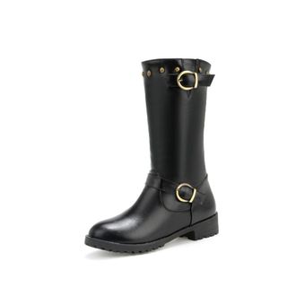 Generic Womens Mid Calf Boots Synthetic Leather Buckle Studded Round Toe Block Heels Comfortable Non Slip Durable for Daily Wear Street Fashion Party,Black,6.