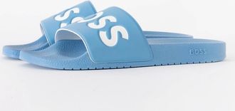 HUGO BOSS Mens BOSS Orange Aryeh Mens Italian-Made Slides With Large Logo Detail - Turquoise/Aqua 445 - Blue - Size: 10