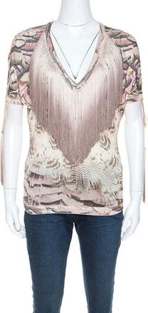 Roberto Cavalli Multicolor Printed Fringed Neckline V-Neck Top