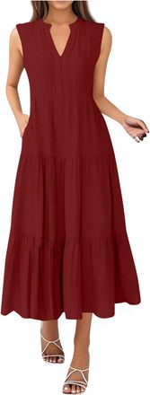Generic Womens Summer Dress Boho Casual Sleeveless Midi Dress Solid Color V-Neck Bohemian Beach Holiday Dresses with Pockets Ladies Flowy Swing Loose Fit Tank