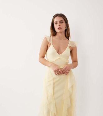 Lace & Beads Petite Vestito lungo in tulle color limone con volant-Giallo