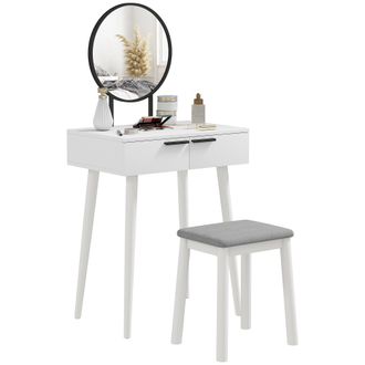 HOMCOM Dressing Table Vanity Set Make Up Desk With Mirror & Stool White | TJ Hughes