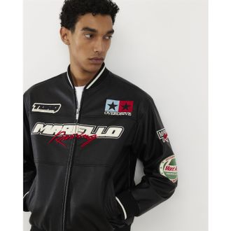 River Island Mens Bomber Jacket Black Faux Leather Motocross - Size X-Small