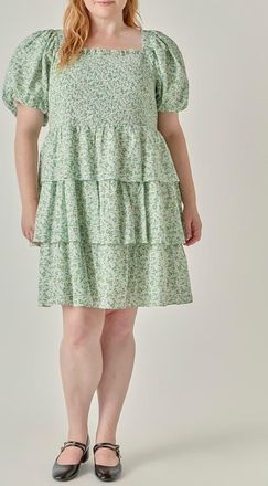 English Factory Crinkled Floral Smocked Dress in Green at Nordstrom, Size 3X