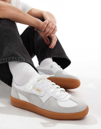 Puma Palermo Leather sneakers with gum sole in white and gray