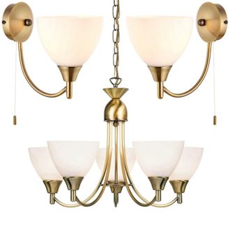 Loops 5 Lamp Ceiling & 2x Wall Light Pack Antique Brass Glass Matching Indoor Fittings in Clear