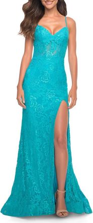 La Femme Neon Lace Prom Gown With Sheer Bodice and Tie Up Back in Aqua at Nordstrom, Size 00