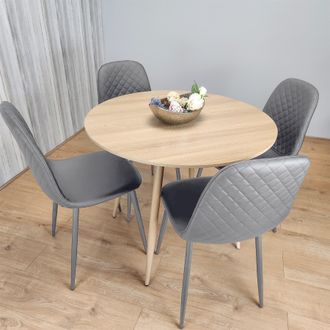 Kosy Koala Beige Dining Table Set with Gem Pattern Chairs & Leather Upholstery in Brown