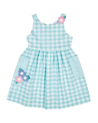 Florence Eiseman Gingham Linen-Look Dress With Flowers in Jade/white at Nordstrom, Size 18M