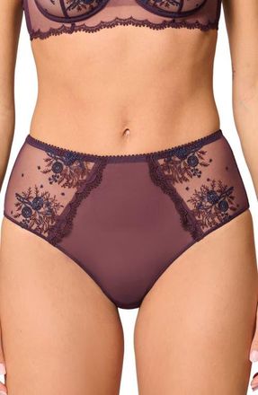 Simone P&eacute;r&egrave;le Intrigue Floral Embroidered Briefs in Fig at Nordstrom, Size Small
