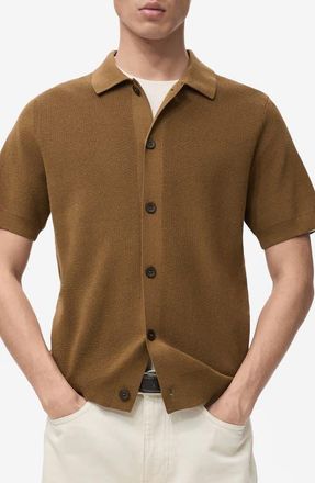 Mango Short Sleeve Knit Button-Up Shirt in Tobacco Brown at Nordstrom, Size X-Large