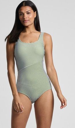Lands End Tugless Low Leg One Piece Swimsuit in Fusion Green Mini Stripe at Nordstrom, Size 18