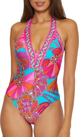 Trina Turk Womens Meilani One Piece Swimsuit, Plunge Neck, Floral Print, Bathing Suits, Multicolor (A), 12