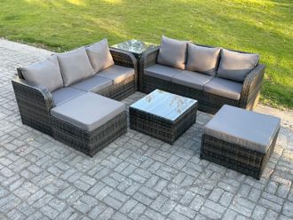 Fimous 8 Seater Outdoor Rattan Garden Furniture Set Conservatory Patio Sofa Coffee Table With 2 Big Footstool Side Table Dark Grey Mixed