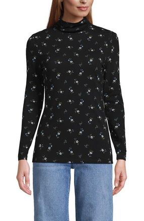 Lands End Lightweight Jersey Long Sleeve Turtleneck in Black/cobalt Tiny Floral at Nordstrom, Size X-Small