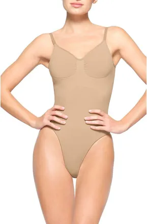 SKIMS Seamless Sculpt Low Back Thong Bodysuit in Clay at Nordstrom, Size Xx-Small