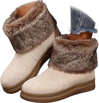 Generic Womens Ankle Boots, Womens Fleece-Lined Warm Thick-Soled Comfortable Cotton Boot, Casual Non-Slip Snow Boot for Winter Outdoor (Beige,3.5)