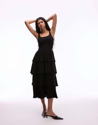 & Other Stories Vestito senza maniche con gonna al polpaccio e volant ampi in misto jersey a coste nero