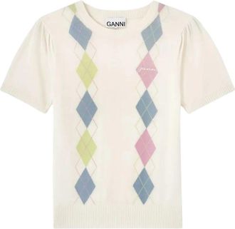 Ganni Licht Katoen Argyle T-shirt - Dames - Ronde hals truien - Veelkleurig - S - Katoen - Truien & Vesten
