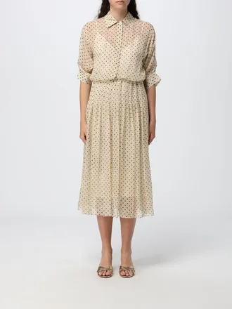 Crida Milano Abito chemisier midi in chiffon di seta a pois con maniche lunghe