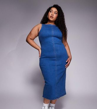 Asos Curve ASOS DESIGN Curve - Vestito midi in denim lavaggio scuro stile minimal-Blu