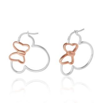 Disney Minnie Mouse Hoop Earrings for Women Official License, Sterling Silver Minnie Earrings with 18k Pink Gold Flash-Plated Bow in Silver/Rose Gold