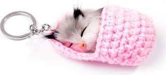 Generic Cute Sleeping Pompom Cat Keychains For Women Handmade Woven Fluffy Car Key Ringspink