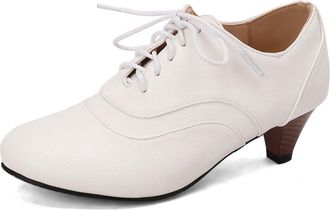 Generic Womens Lace-Up Pumps Round Toe PU Leather Upper Block Heel Contrast Laces Stitched Design Soft Inner Lining Slip-On Comfort Shoes,White,10.5 UK