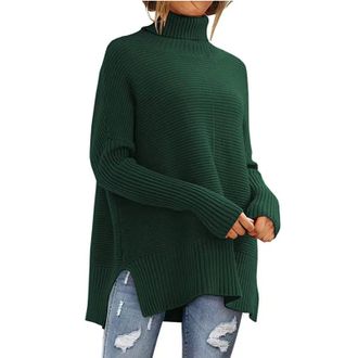 Generic Turtle Neck Tops for Women Turtleneck Oversized Sweater Long Sleeve Ribbed Knit Pullover Cozy Cashmere Jumpers Ladies Chunky Batwing Split Hem Tunic L