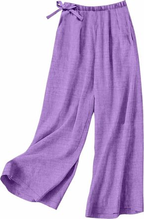 Generic Womens Cotton Linen Trousers Summer High Waisted Wide Leg Pants Loose Fit Drawstring Elastic Waist Lightweight Comfy Casual Pants for Beach Holiday Tr