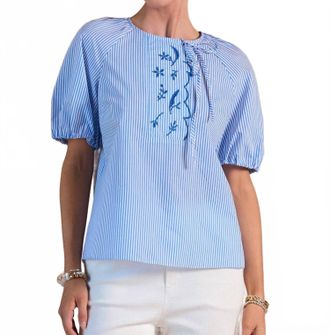 Current Air Striped Embroidered Short Sleeve Blouse In Blue Stripe