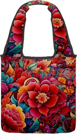 Generic Art Red Florals Reversible Canvas Shoulder Tote - Double-Sided Print, 12oz Cotton, 27cm Drop, Fold-Flat Bag for Travel, Shopping, Street Outings