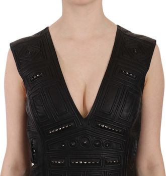 John Richmond Womens Black Leather Studded Mini Shift Dress