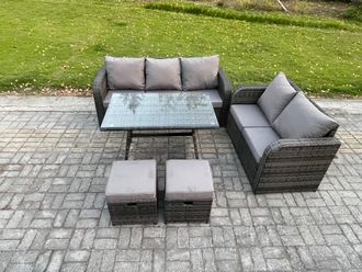Fimous High Back PE Rattan Sofa Set Outdoor Garden Furniture Dining Table Set Love Sofa 3 Seater Sofa 2 Small Footstool in Dark Grey