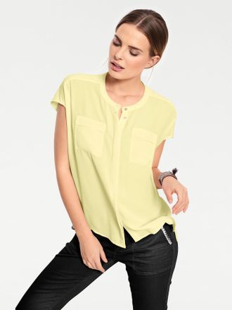 Heine Kurzarmbluse HEINE, Damen, Gr. 34, gelb (pastellgelb), 100% Polyester, unifarben, Rundhals, Blusen Kurzarmbluse