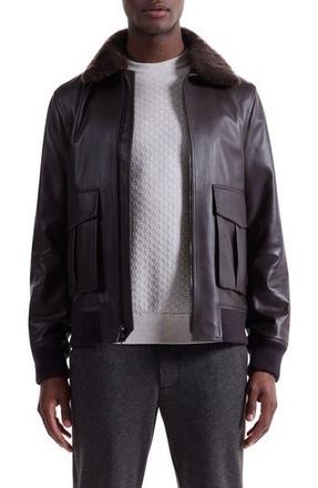 Bugatchi Leather Bomber Jacket with Removable Genuine Shearling Collar in Truffle at Nordstrom Rack, Size Medium