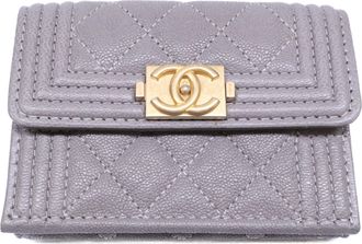 Chanel Boy Chanel Gray Grained Calfskin Wallet (Tri-Fold) (Pre-Owned)