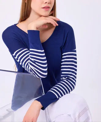 French Kyss Stripe Sleeve Top In Navy/white