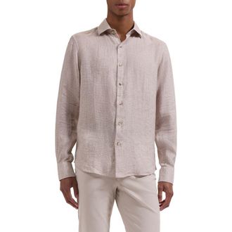 Bugatchi Axel Shaped Fit Linen Button-Up Shirt in Camel at Nordstrom, Size Xxx-Large