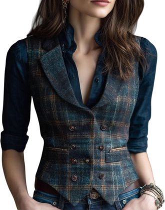 Generic Womens Plaid Vests Retro Lapel Plaid Wool Vest Womens Suit Fall Vest V Neck Button down Steampunk Slim Fit Vintage Waistcoat (Green,L)